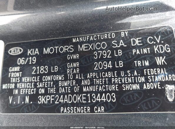 3KPF24AD0KE134403 2019 KIA FORTE Gray Engine compartment view