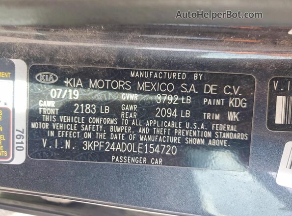 3KPF24AD0LE154720 2020 KIA FORTE Серый Вид наклейки с VIN-кодом
