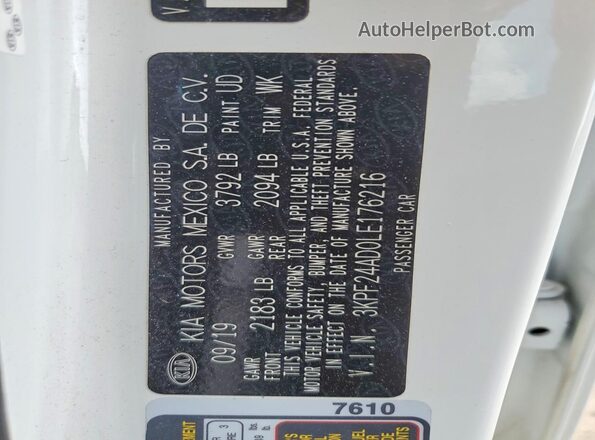 3KPF24AD0LE176216 2020 KIA FORTE White VIN կոդի պիտակի տեսք