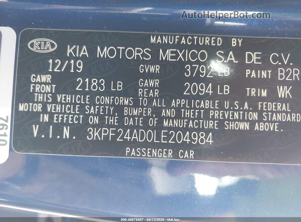 3KPF24AD0LE204984 2020 KIA FORTE Blue Vista del compartimento del motor