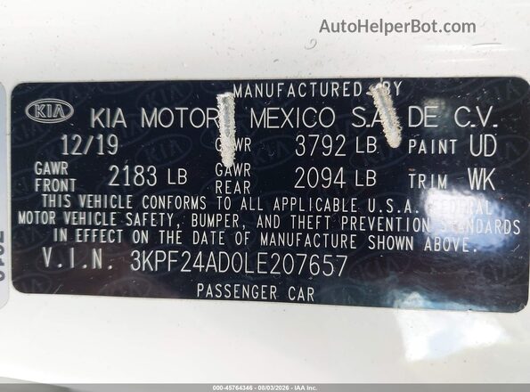 3KPF24AD0LE207657 2020 KIA FORTE White Vista del compartimento del motor