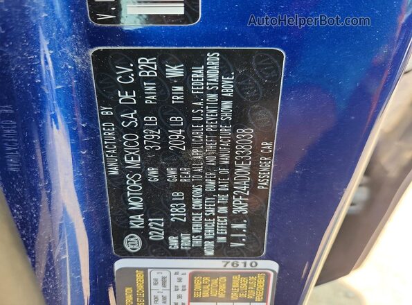 3KPF24AD0ME338038 2021 KIA FORTE Blue Widok komory silnika
