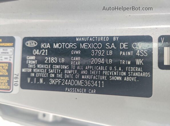 3KPF24AD0ME363411 2021 KIA FORTE Silver Vista del compartimento del motor