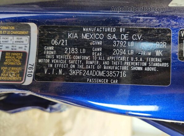 3KPF24AD0ME385716 2021 KIA FORTE Blue Вид підкапотного простору