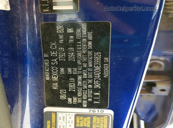 3KPF24AD0ME399826 2021 KIA FORTE Blue ძრავის განყოფილების ხედი