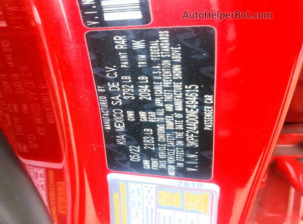 3KPF24AD0NE494615 2022 KIA FORTE Red VIN კოდის სტიკერის ხედი
