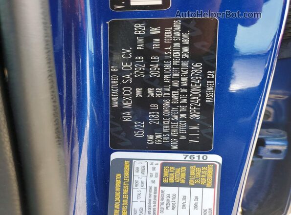 3KPF24AD0NE497806 2022 KIA FORTE Blue Շարժիչի բաժամունքի տեսք