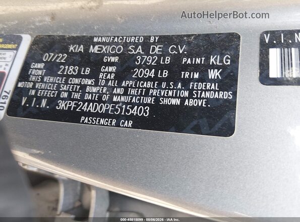 3KPF24AD0PE515403 2023 KIA FORTE Gray Շարժիչի բաժամունքի տեսք