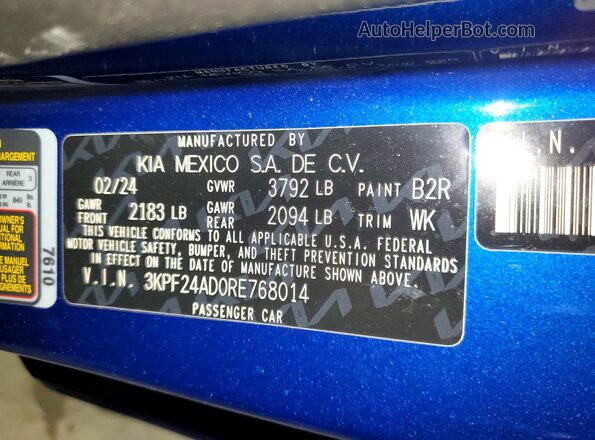 3KPF24AD0RE768014 2024 KIA FORTE Blue Вид підкапотного простору