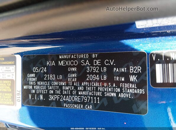 3KPF24AD0RE797111 2024 KIA FORTE Blue ძრავის განყოფილების ხედი