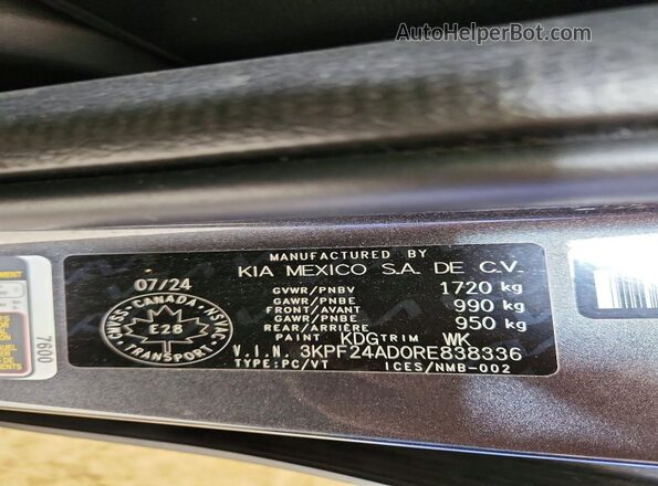 3KPF24AD0RE838336 2024 KIA FORTE Gray VIN կոդի պիտակի տեսք