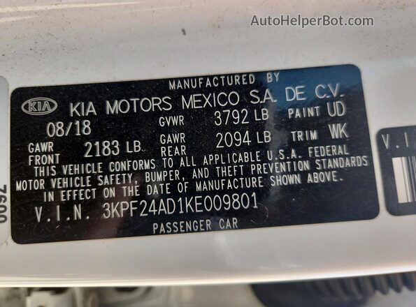 3KPF24AD1KE009801 2019 KIA FORTE White ძრავის განყოფილების ხედი
