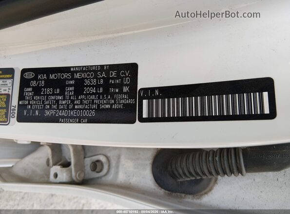 3KPF24AD1KE010026 2019 KIA FORTE White ძრავის განყოფილების ხედი