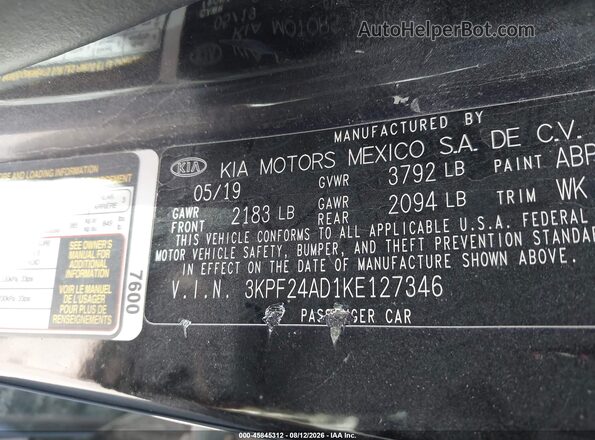 3KPF24AD1KE127346 2019 KIA FORTE Black ძრავის განყოფილების ხედი