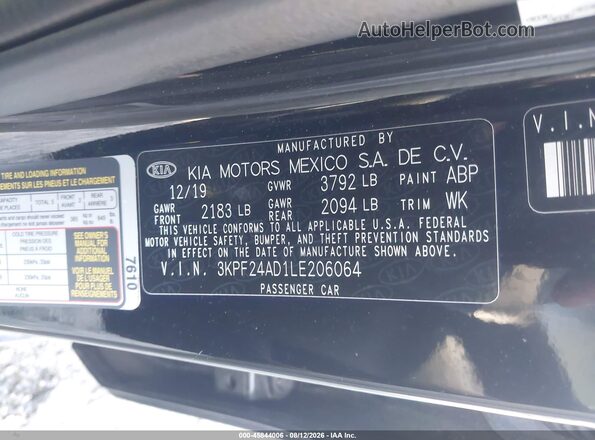 3KPF24AD1LE206064 2020 KIA FORTE Black Շարժիչի բաժամունքի տեսք