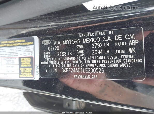 3KPF24AD1LE230526 2020 KIA FORTE Black ძრავის განყოფილების ხედი
