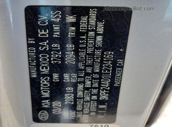 3KPF24AD1LE234169 2020 KIA FORTE Silver Vista de la etiqueta del VIN