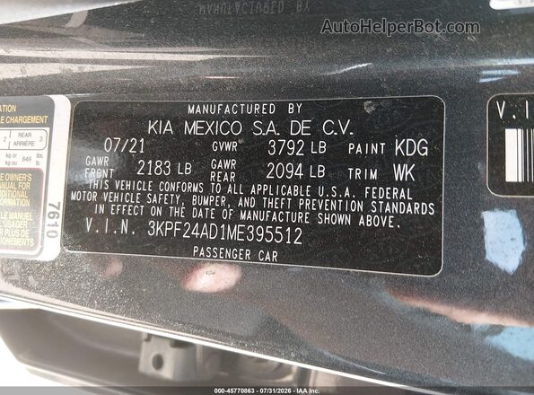 3KPF24AD1ME395512 2021 KIA FORTE Gray Widok komory silnika