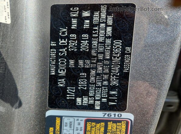 3KPF24AD1NE436500 2022 KIA FORTE Серебряный Вид наклейки с VIN-кодом