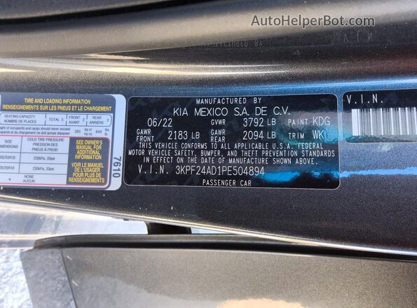 3KPF24AD1PE504894 2023 KIA FORTE Gray Widok naklejki z numerem VIN
