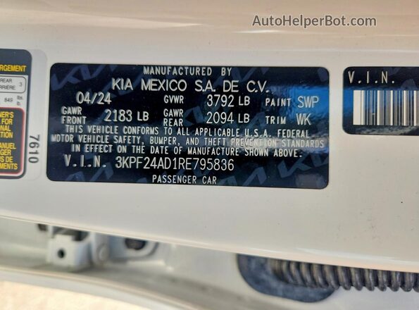3KPF24AD1RE795836 2024 KIA FORTE White VIN կոդի պիտակի տեսք