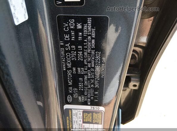 3KPF24AD2KE125802 2019 KIA FORTE Gray ძრავის განყოფილების ხედი