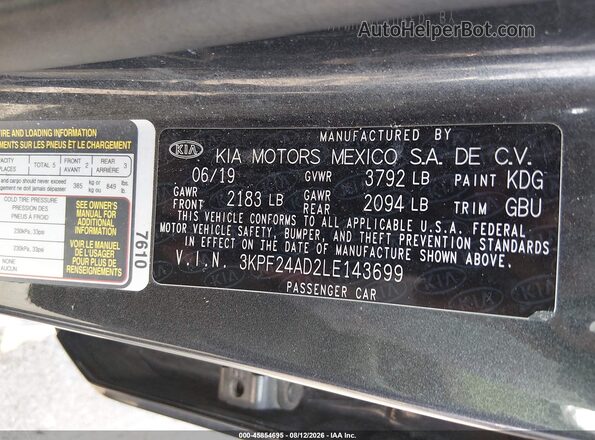 3KPF24AD2LE143699 2020 KIA FORTE Gray Vista del compartimento del motor
