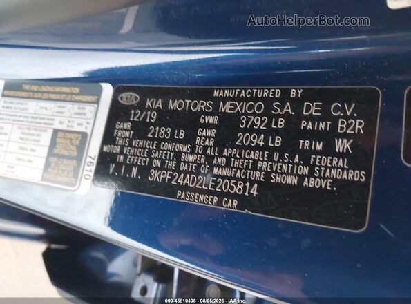 3KPF24AD2LE205814 2020 KIA FORTE Blue Вид підкапотного простору