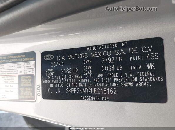 3KPF24AD2LE248162 2020 KIA FORTE Gray Widok komory silnika