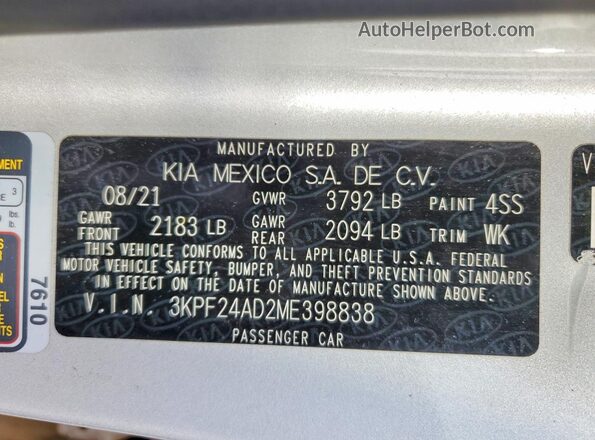 3KPF24AD2ME398838 2021 KIA FORTE Серебряный Вид подкапотного пространства