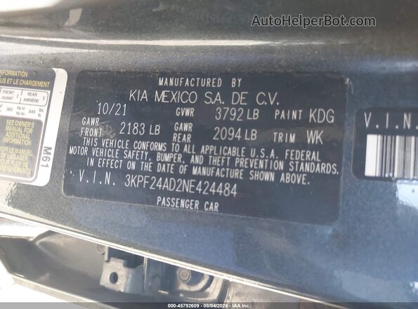 3KPF24AD2NE424484 2022 KIA FORTE Gray Vista del compartimento del motor