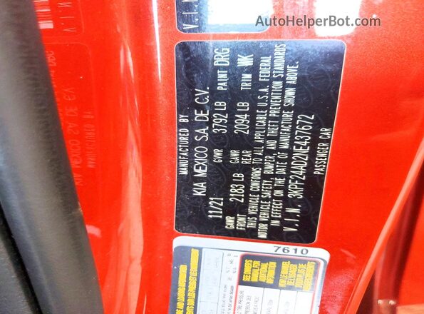 3KPF24AD2NE437672 2022 KIA FORTE Оранжевый Вид подкапотного пространства