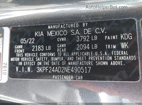 3KPF24AD2NE490517 2022 KIA FORTE Gray Vista del compartimento del motor