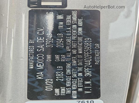 3KPF24AD2PE595819 2023 KIA FORTE Gray Widok naklejki z numerem VIN