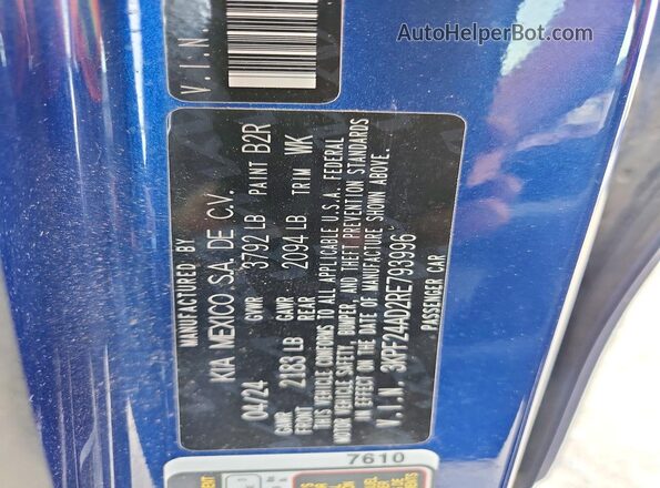3KPF24AD2RE793996 2024 KIA FORTE Blue Շարժիչի բաժամունքի տեսք