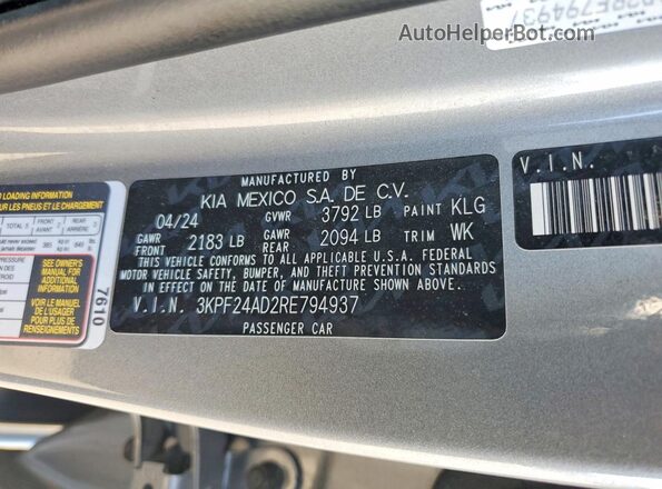 3KPF24AD2RE794937 2024 KIA FORTE Silver Vista de la etiqueta del VIN