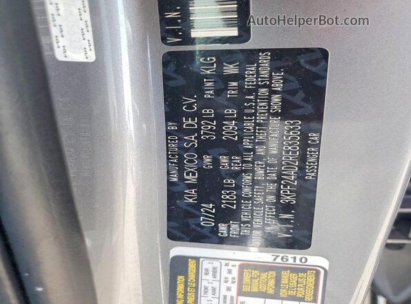 3KPF24AD2RE835633 2024 KIA FORTE Silver Vista de la etiqueta del VIN