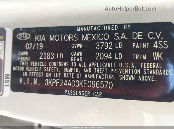 3KPF24AD3KE096570 2019 KIA FORTE Silver Вид підкапотного простору