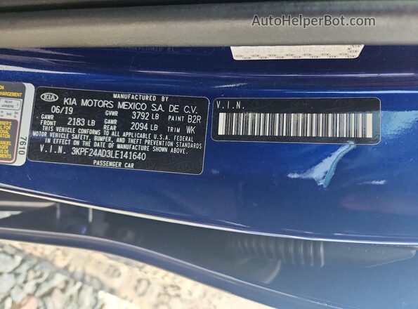 3KPF24AD3LE141640 2020 KIA FORTE Blue VIN კოდის სტიკერის ხედი