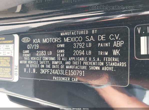 3KPF24AD3LE150791 2020 KIA FORTE Black Vista del compartimento del motor