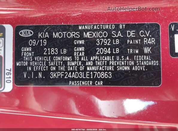 3KPF24AD3LE170863 2020 KIA FORTE Red Widok komory silnika