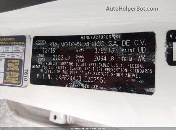 3KPF24AD3LE202551 2020 KIA FORTE Белый Вид подкапотного пространства