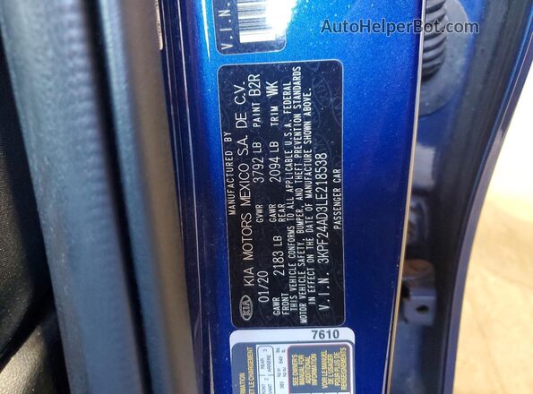 3KPF24AD3LE218538 2020 KIA FORTE Blue Շարժիչի բաժամունքի տեսք
