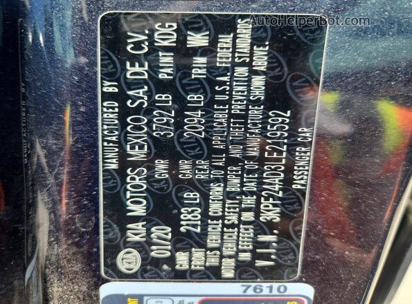 3KPF24AD3LE219592 2020 KIA FORTE Серый Вид подкапотного пространства