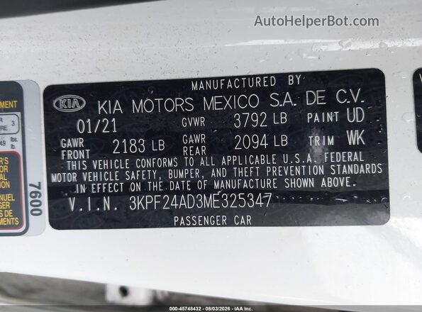 3KPF24AD3ME325347 2021 KIA FORTE White Engine compartment view