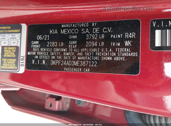 3KPF24AD3ME387122 2021 KIA FORTE Red Вид підкапотного простору