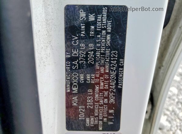 3KPF24AD3NE424123 2022 KIA FORTE White VIN կոդի պիտակի տեսք