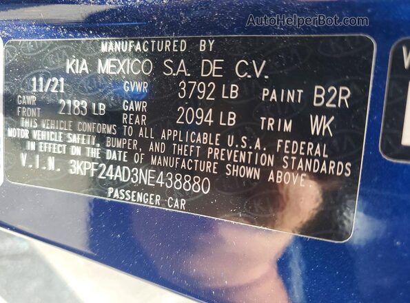 3KPF24AD3NE438880 2022 KIA FORTE Blue Widok komory silnika