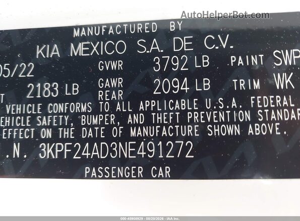 3KPF24AD3NE491272 2022 KIA FORTE White Widok komory silnika