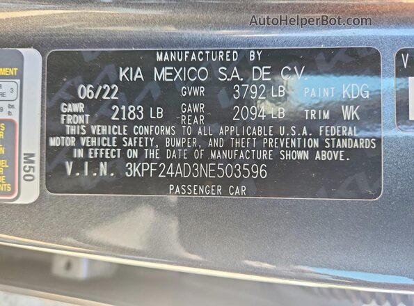 3KPF24AD3NE503596 2022 KIA FORTE Gray Շարժիչի բաժամունքի տեսք